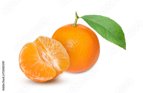 Fresh ripe tangerines and green leaf isolated on white. Citrus fruit