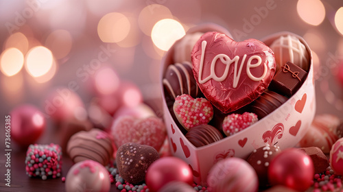 Romantic Heart-shaped Box Filled with Decorated Chocolates, Various Adornments, Drizzles and Sprinkles, Featuring an Emphasized 'LOVE' Decor, Special Gift for Valentine's Day Emotions