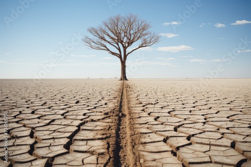Cracked mud stretches along the side of a drying river, and a lone dead tree stands sentinel on the barren bank. 