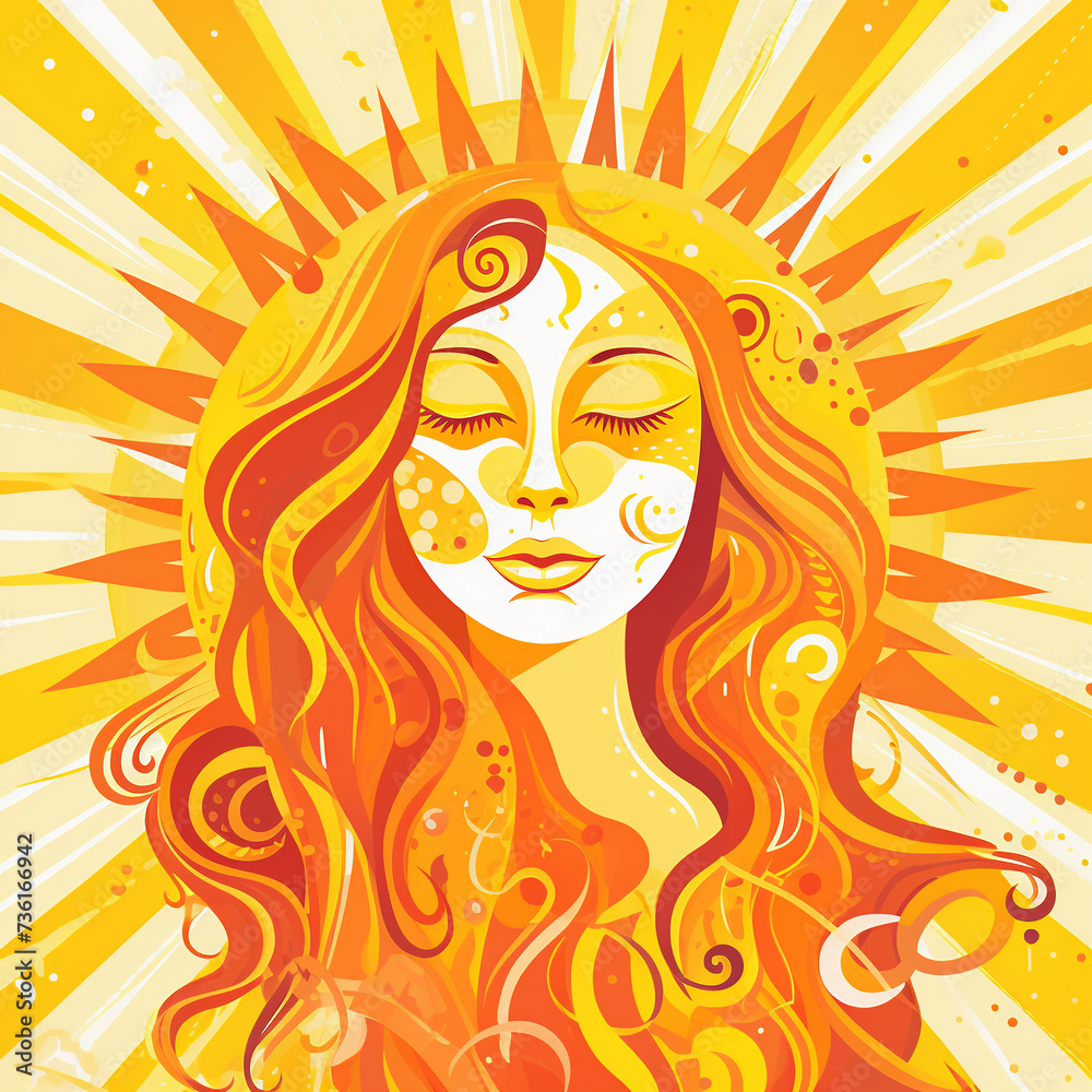 Illustration, woman with sunburst hair Illustration, woman with sunburst hair