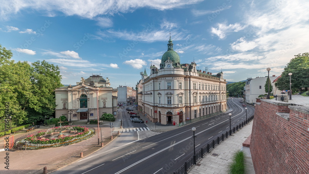 Panorama showing Theater Square with Main Post Office building aerial timelapse and Polish Theater