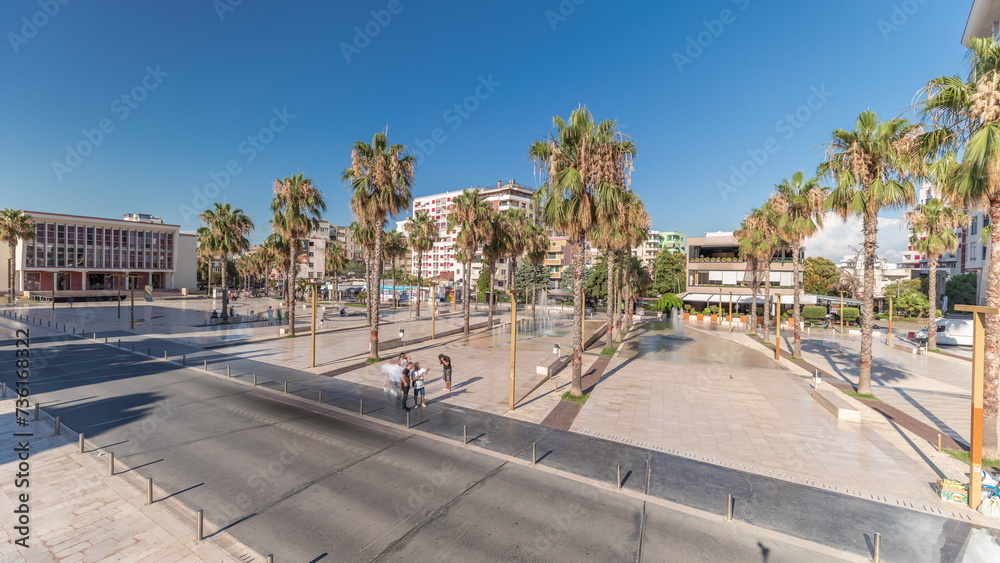 Panorama showing aerial view of the fountains and palms on the main square Sheshi Liria in Durres timelapse, Albania