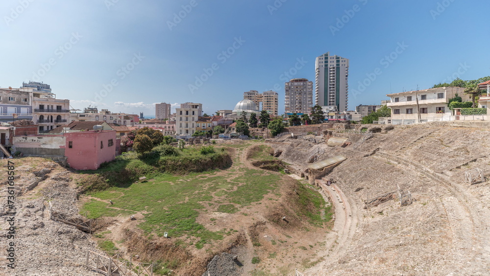 Panorama showing the Amphitheatre of Durres timelapse.
