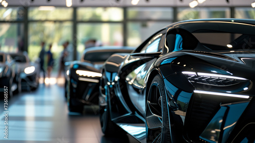New Modern Car Lineup Showroom Display, Focus on Sleek Black Car Design, Emphasizing Foreground Auto, Bright Clean Sales Environment for Vehicle Potential Buyers