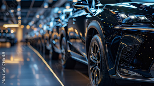 New Modern Car Lineup Showroom Display, Focus on Sleek Black Car Design, Emphasizing Foreground Auto, Bright Clean Sales Environment for Vehicle Potential Buyers
