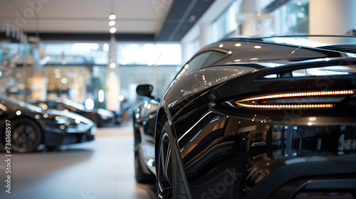 New Modern Car Lineup Showroom Display, Focus on Sleek Black Car Design, Emphasizing Foreground Auto, Bright Clean Sales Environment for Vehicle Potential Buyers © Michael