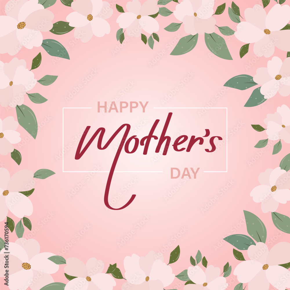 Obraz premium Mothers day banner with cherry blossom flowers, greeting card template, illustration with hand drawn lettering. Vector