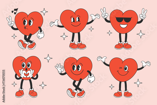 Set of hearts of funny characters with different emotions, heart mascots. Fashionable emoticons in retro style. Vector