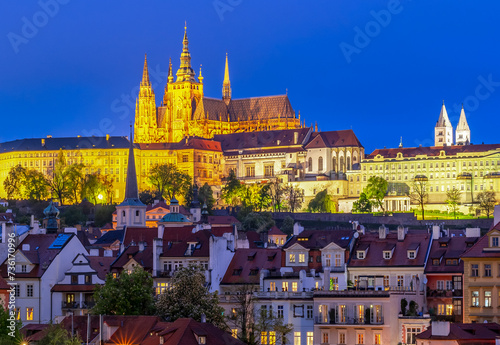 Prague Castle with St. Vitus Cathedral over Lesser town (Mala Strana) at night, Czech Republic