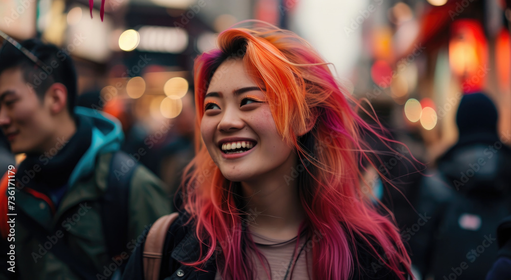 Personality Asian girl with multi-colored hair