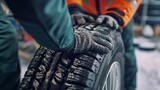 A qualified mechanic turns out the summer and winter tires achieving a safe ride with space, Generative AI.