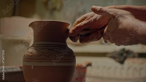 Close up potter's hands attaches hadle to clay jug and strengthens its form. Male professional potter working with extra details his handmade crockery. Old craftsman making ceramic pot in workshop photo