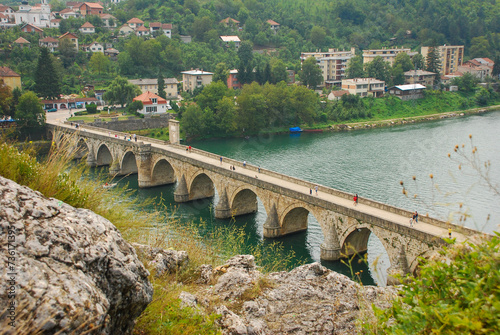 View of Mehmed Paša Sokolović Bridge in Višegrad, Bosnia and Herzegovina. Unesco world heritage site. Bridge over the Drina river.