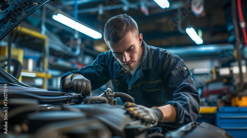 Professional Mechanic Engaged in Car Repair, Focused on Engine Work in Automotive Workshop, Illuminated Garage Environment, Variety of Tools and Equipment, Dark Uniform, Protective Gloves