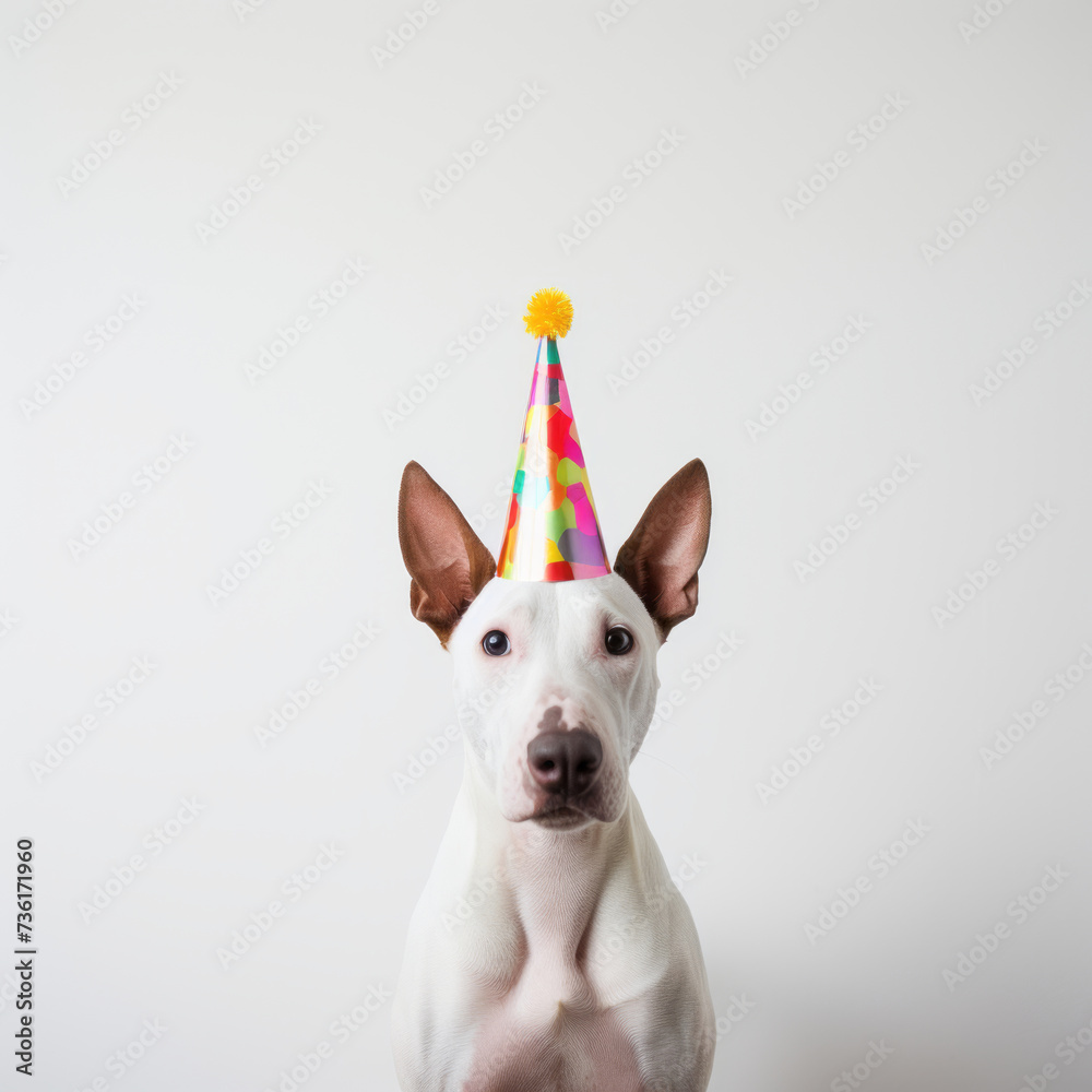 bull terrier dog in the birthday hat against white minimalistic wall, white interior