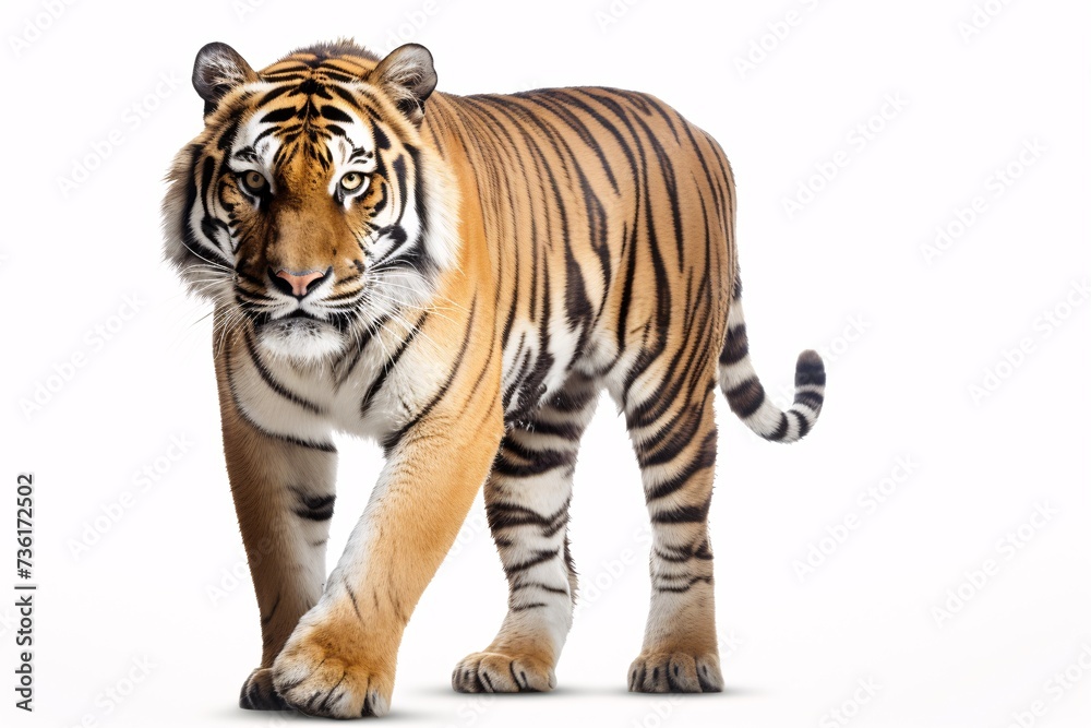 a tiger walking on a white background
