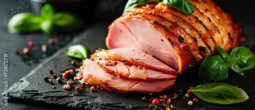 Delicate thinly sliced gourmet ham with herbs on slate background