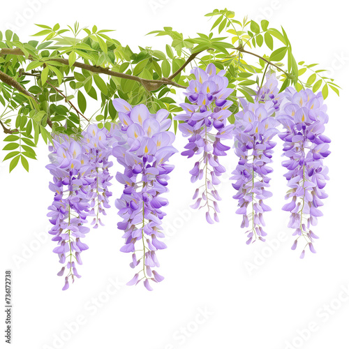 branch of hanging purple wisteria flowers, isolated on transparent background