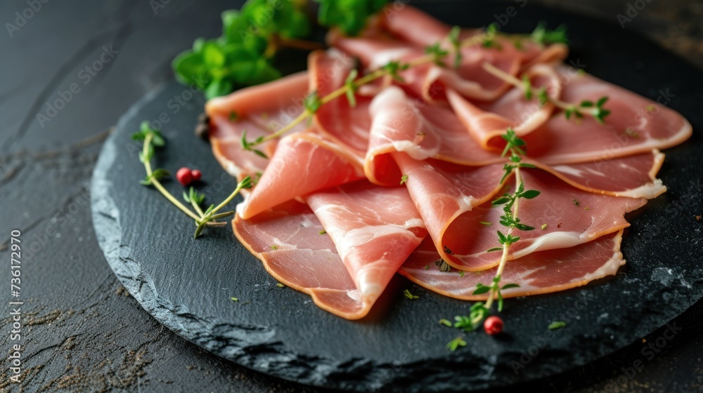 Delicate thinly sliced gourmet ham with herbs on slate background