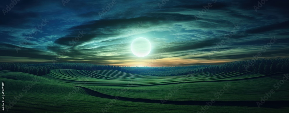 Solar eclipse with a green field and blue sky in sunrise