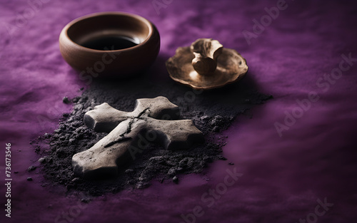 Ash Wednesday concept with a cross of ashes on a stone surface, purple cloth in the background, solemn and meditative mood, natural light