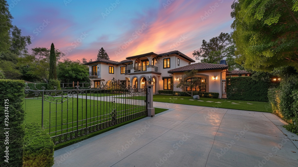 A state-of-the-art abode with a shimmering bronze facade, showcasing a streamlined backyard and a sophisticated wrought iron gate, bathed in the soft light of dusk