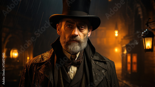 Portrait of a Serious Senior man in hat, vintage style. Evening with Atmospheric Urban Lights in the Background.