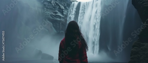 Woman overlooking waterfall at skogafoss, Iceland. Skógafoss, Ísland