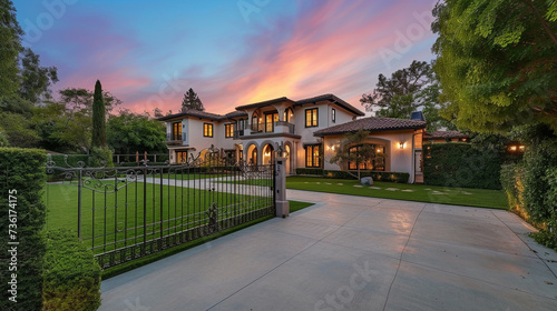 A state-of-the-art abode with a shimmering bronze facade, showcasing a streamlined backyard and a sophisticated wrought iron gate, bathed in the soft light of dusk