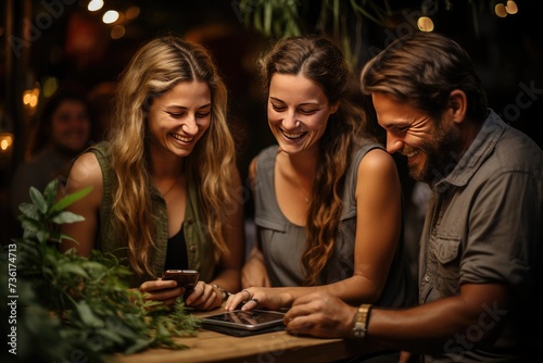 A group of young friends gathers in a cozy setting, smiling and looking at a phone or tablet, enjoying shared moments.