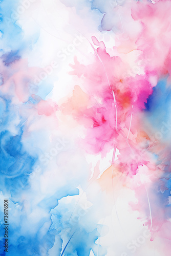 Spring abstract background watercolor painting, pink blue and white tones. Generative AI. © pomiti