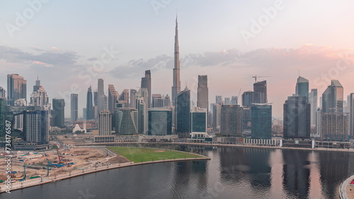Photography Aerial view to Dubai Business Bay and Downtown with the various skyscrapers and