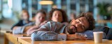 People at a meeting doze off during a snoozeinducing presentation at work. Concept Boring Presentations, Office Sleepiness, Lack of Engagement, Workplace Fatigue