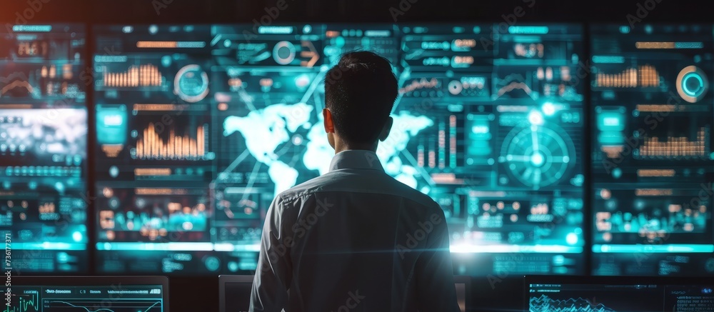 Digital Technology Concept: Man Standing in Front of Wall of Monitors Analyzing Data and Information Digital Technology Concept: Man Standing in Front of Wall of Monitors Analyzing Data and Information