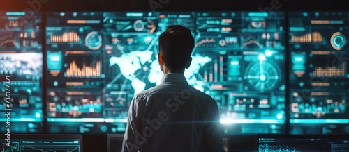 Digital Technology Concept: Man Standing in Front of Wall of Monitors Analyzing Data and Information