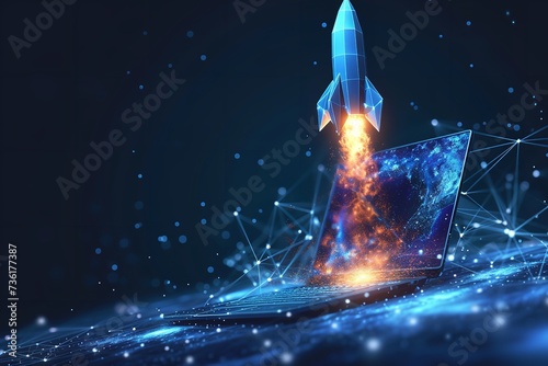 A rocket taking off in a technological backdrop with a big empty space a concept of start up, Generative AI.