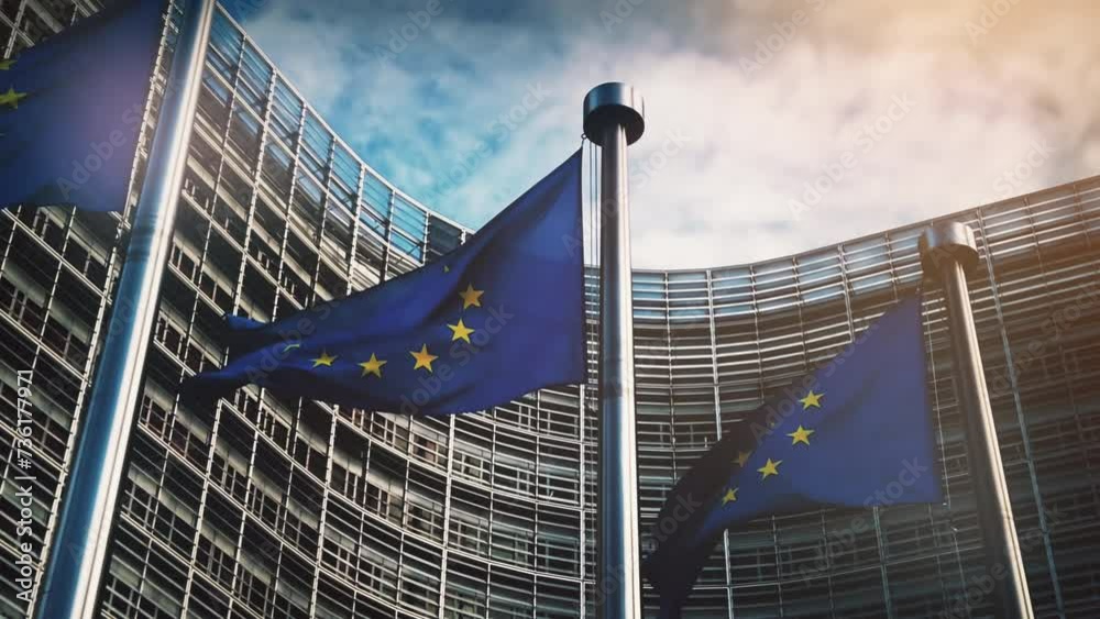 Close up of 3 waving EU flags, slow motion. Brussels, Belgium. 4K