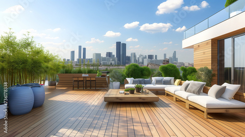 Modern Rooftop Terrace with Wooden Deck, Trimmed Bushes, Ornamental Grasses, Clear View of Urban Skyline, Safety Wall, Peaceful Relaxation Area for Outdoor Gatherings