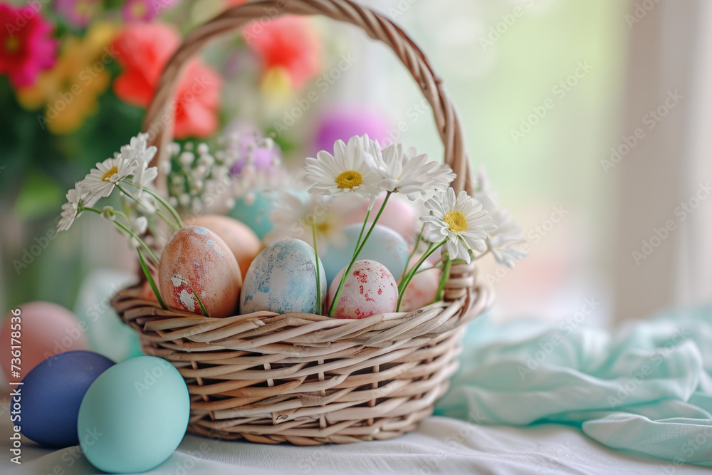 Easter basket filled with pastel color eggs and beautiful spring flowers on table at home Easter basket filled with pastel color eggs and beautiful spring flowers on table at home