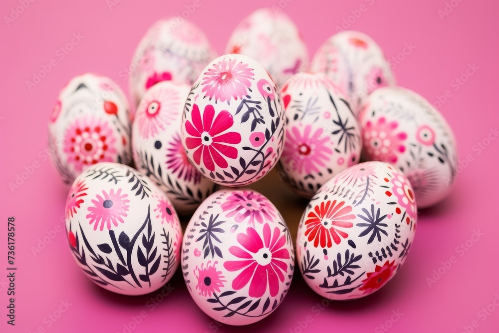Easter pink eggs painted with flowers by hand on a pink background.Easter traditions concept Easter pink eggs painted with flowers by hand on a pink background.Easter traditions concept
