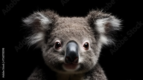 portrait of a koala on a black background, close-up