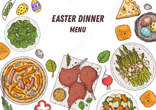 Easter food hand drawn. Vector illustration. Festive table with Easter food. Hand drawing illustration. Menu set.