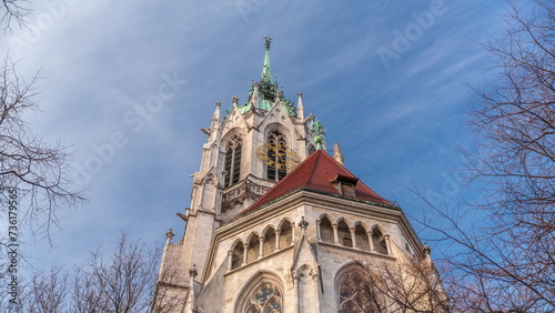 St. Paul's Church or Paulskirche timelapse. Looking up perspective. Munich, Bavaria, Germany.