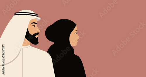 Muslim man and woman profiles. Head and chest view. Looking same direction. Headdress and traditional culture clothing. Horizontal composition. Middle East people portraits.