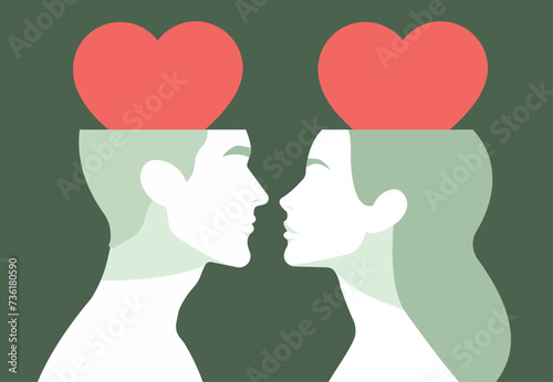 Profile portraits of man and woman looking to each other. Shape of heart inside of human head. Heart instead of brains. Affection and love. Mental health and psychological wellbeing.