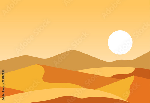 Desert landscape. Minimalistic style. Golden color dunes. Sandy hills and mountains. Round white sun. Modern hot land panorama background.