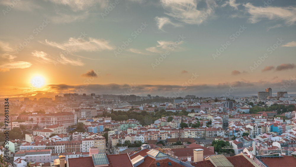 Panorama showing Lisbon famous aerial view from Miradouro da Senhora do Monte tourist viewpoint timelapse
