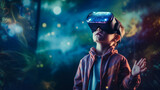 Kid with VR glasses in metaverse. Kid with virtual reality glasses with bokeh