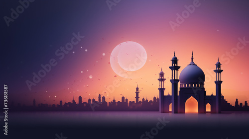 Muslim mosque banner with copy space. Islamic mosque on dark background. Ramadan mosque at night