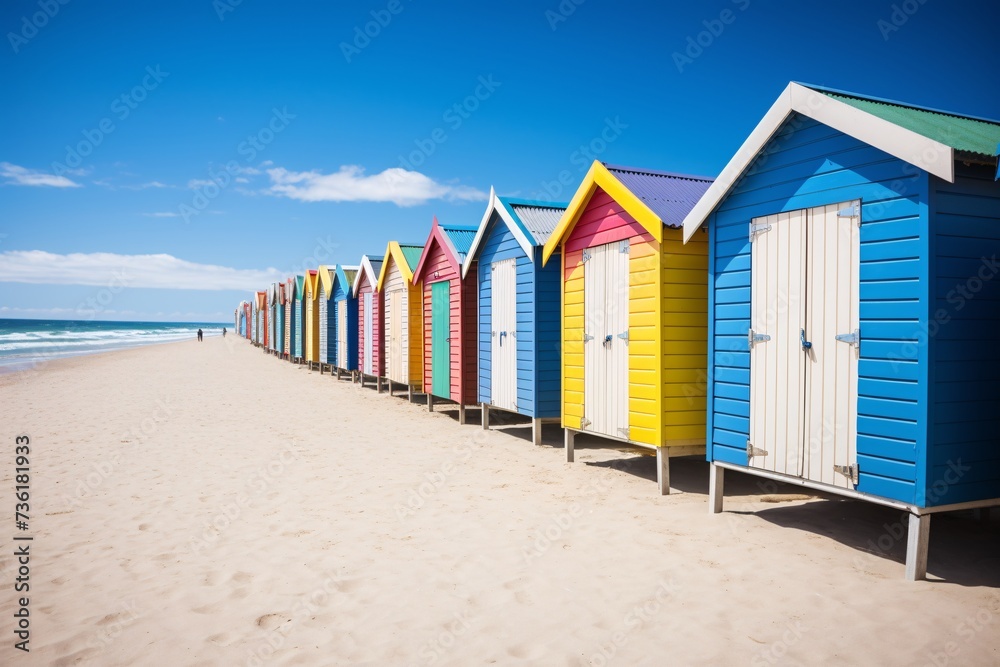 a row of colorful huts on a beach - obrazy, fototapety, plakaty 
